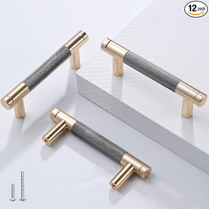 12 Pack 3 Inch 76 mm Barrel Cabinet Pulls Gold and Grey Cupboard Aluminum Handles Drawer Pull Cabinet Handles