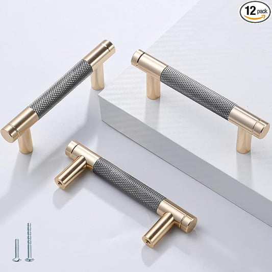 12 Pack 3 Inch 76 mm Barrel Cabinet Pulls Gold and Grey Cupboard Aluminum Handles Drawer Pull Cabinet Handles