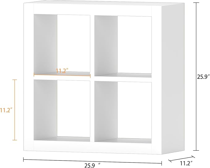 furtble Bookshelf with Storage Bin, 4-Cube Storage Organizer, Modern Wood Open Bookcase, Multifunctional Display Shelf for Living Room, Bedroom, Home Office, White