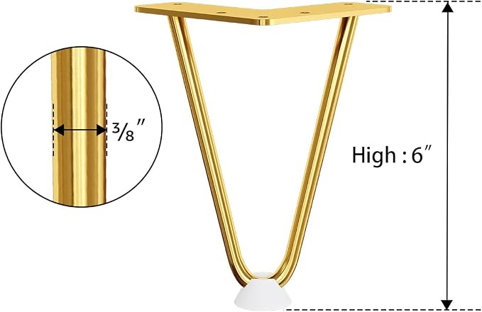 SMARTSTANDARD 6 Inch Hairpin Furniture Legs, 3/8'' Rods Metal Home DIY Projects for Nightstand, Coffee Table, Cabinet with Rubber Floor Protectors, Gold Set of 4PCS