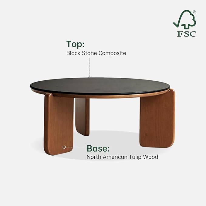 YESWOOD Round Coffee Table, Wood Coffee Table Side Table with Sintered Stone Top, Mid Century Morden Table,Small Coffee Table Living Room Table for Bedroom Balcony Living Room (31.5" D x 13.8" H)