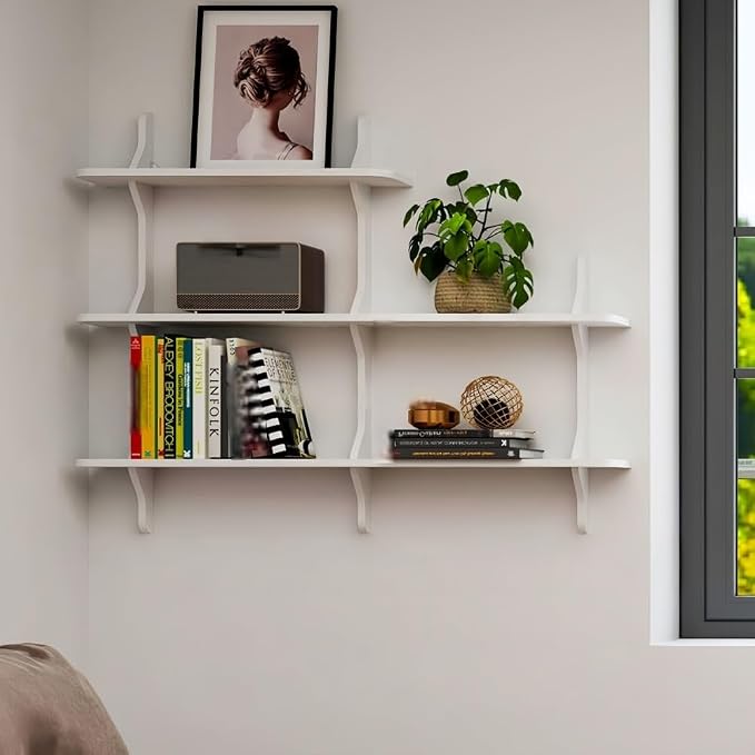 Mid-Century L-Shaped Floating Wall Shelf, 3-Tired Wood Wall Mounted Bookcase, Creative Grid Display Shelf for Indoor, Cafe(White,Large)