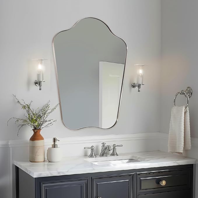 ANDY STAR Brushed Nickel Bathroom Mirror, 22x30 Scalloped Wall Mirror for Vanity, Curved Shaped Mirror for Entryway, Bedroom, Anti-Rust Stainless Steel Frame