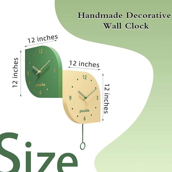 Cute Green Yellow Silent Corner Wall Clock Non Ticking for Living Room, 12 inch Mid Century Modern Decorative Double Sided Clock for Wall Battery Operated, Unique Metal Fancy Clock Wall Decor