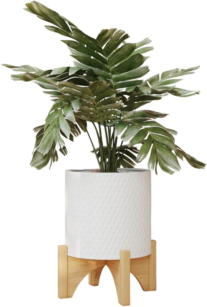 EverNest Claire Boho Modern White Planter with Arch Wood Stand, Indoor Mid-Century Plant Pot, SelectBase, Minimalist Planter Stand Home Décor (Medium, 2 Gallon)