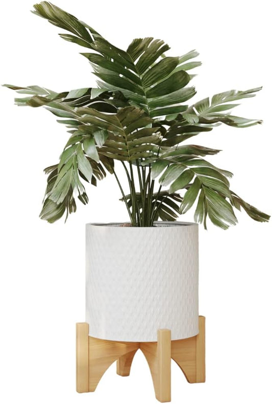 EverNest Claire Boho Modern White Planter with Arch Wood Stand, Indoor Mid-Century Plant Pot, SelectBase, Minimalist Planter Stand Home Décor (Small, 1 Gallon)
