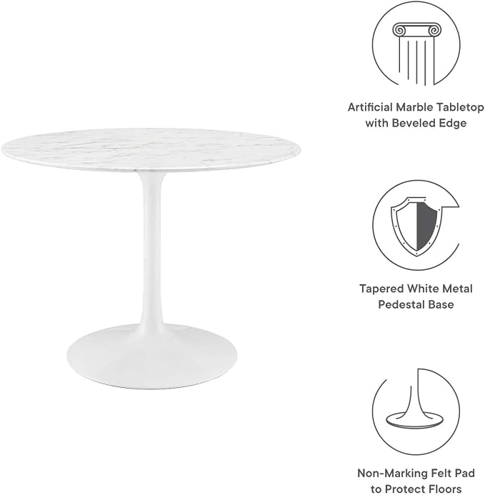 Modway Lippa 40" Mid-Century Dining Table with Round Artificial Marble Top in White