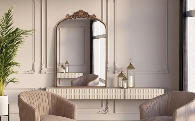 Gold Brass Mirror for Wall,Gold Traditional Vintage Ornate Baroque Mirrors,Victorian Antique Bronze Mirrors with Full Matel Frame,Arched Mirror for Entryway/Bathroom/Fireplace 24"X36"