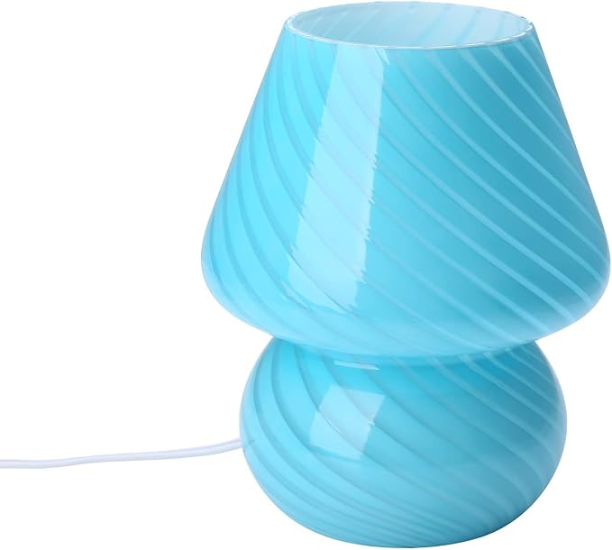 Mushroom Lamp,Glass Arctic Blue Mushroom Bedside Table Lamps Vintage Translucent Murano Style Striped Small Nightstand Desklamp Swirl Light for Home Decor, Dining, Living, Bedroom, Gift (Stripe Blue)