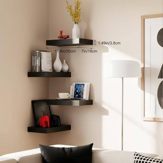 Floating Shelves for Wall, Black Small 11.8" Bathroom Shelves and Floating Shelf for Storage, Display Shelf for Home Decor, Over Toilet Organization for Bedroom, Living Room, 4-Pack
