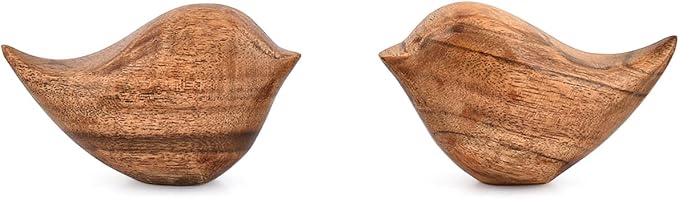Kaizen Casa Statues Set of 2 Hand-Carved Wooden Bird Statues for Living Room, Bedroom, Tabletop – Boho Home Accents & Animal Gifts for Women, Bird Lovers (3.5'' X 2'' X 2.25'')