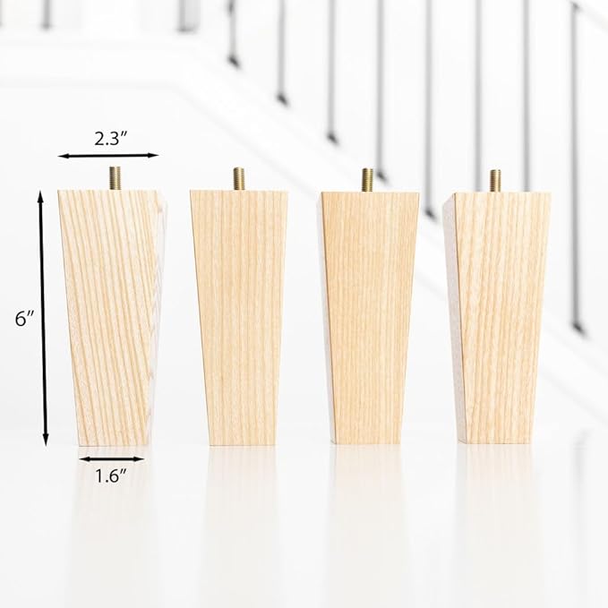 Airy Abode Premium Ash Wood Square Furniture Legs (Full Install Kit) - Pick Your Size and Color