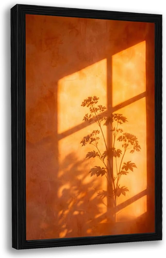 Framed Sunset Wall Art, Orange Window Shadow Poster Print, Minimalist Botanical Silhouette Picture Painting, Modern Aesthetic Picture Wall Decor for Bedroom Living Room 12x16 Inches