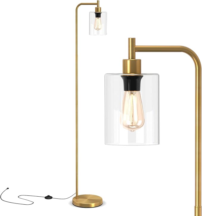 Tangkula Industrial Floor Lamp, Modern Standing Lamp with Hanging Glass Lampshade & Foot Switch, Tall Pole Light with E26 Standard Base for Living Room, Bedroom & Office (Gold, 1-Light)