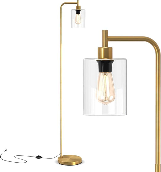 Tangkula Industrial Floor Lamp, Modern Standing Lamp with Hanging Glass Lampshade & Foot Switch, Tall Pole Light with E26 Standard Base for Living Room, Bedroom & Office (Gold, 1-Light)