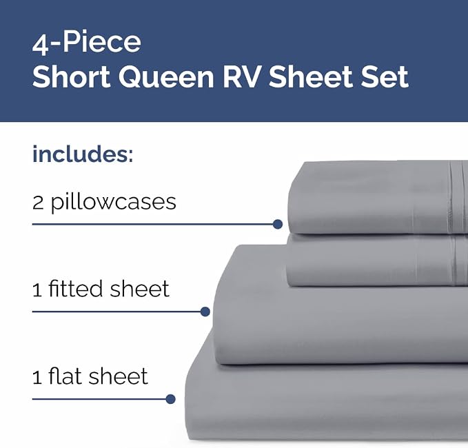 Short Queen Size 4 Piece Sheet Set - RV Short Queen, Ultra-Soft, Breathable & Cooling Bed Sheets Set w/ Deep Pockets - Hotel Luxury Bedding for Women & Men - Wrinkle Free & Fade Resistant - Steel Blue