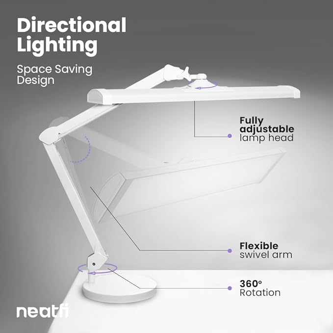 Neatfi Ultra Desk Lamp – 3,500 Lumens, 45W LED, 26-Inch Wide Shade, 5 Brightness Levels, Shadow-Free, Non-Flickering Light, Lamp for Reading, Crafting, Painting, Sewing (Non-CCT with Base, White)