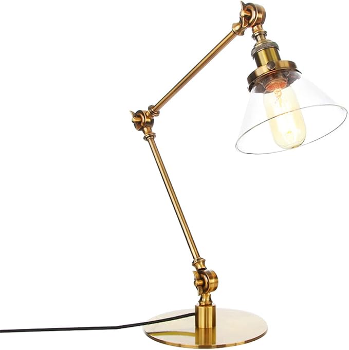 Table Lamp, Adjustable Swing Arm Metal Desk Lamp with Clear Glass Shade, Vintage E26 Reading Light for Bedroom or Bedside