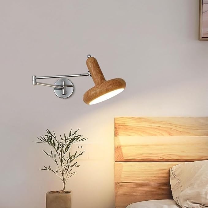 Walnut Swing Arm Lamp - Industrial Folding Swivel Reading Light for Bedroom, Study & Living Room Decor - Retro Bedside Table & Background Wall Lighting (Log Grain)
