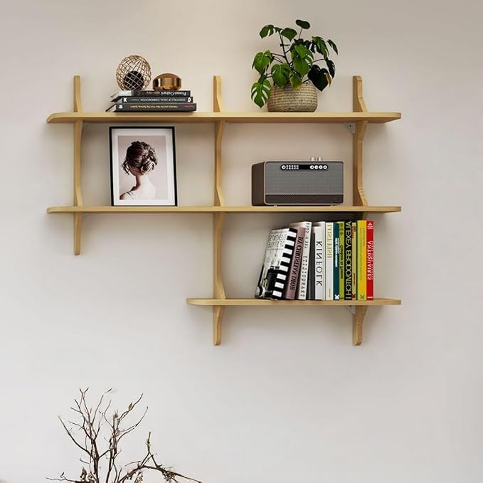 Mid-Century Modern L-Shaped Floating Wall Shelf, 3-Tier Wooden Bookcase, Stylish Grid Display Rack for Home, Office, Cafe Decor, Space-Saving Storage Solution