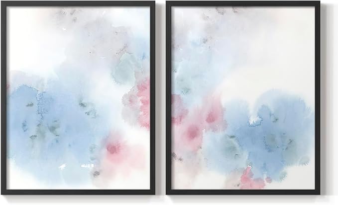Renditions Gallery Set of 2 Peel & Stick Framed Prints, Watercolor Abstract Wall Art, Cotton Candy Splash Wall Decor, Re-Stickable - Ready to Hang - 8"x10" - Black Frame LT588