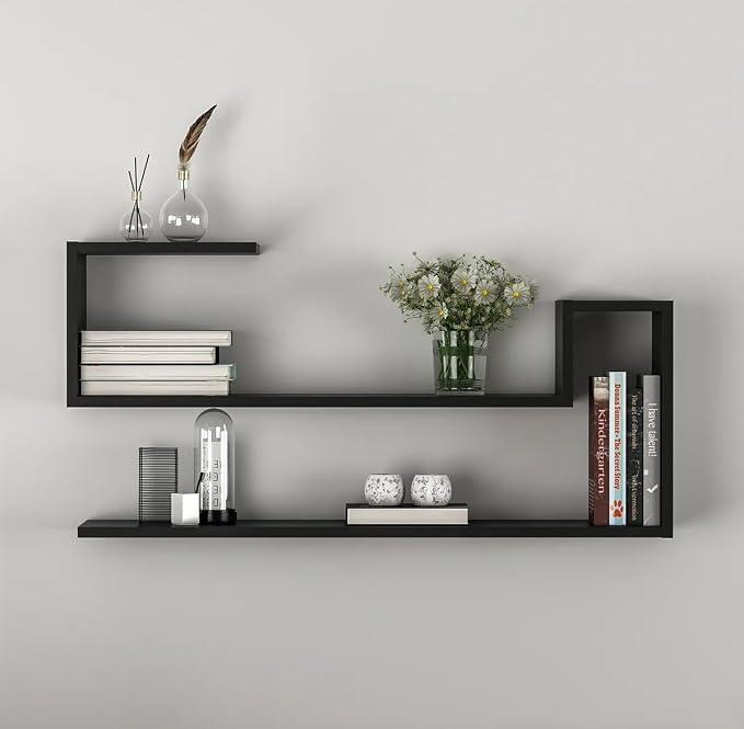 Geometric Wall Shelf: Modern MDF Floating Bookshelf (Black)