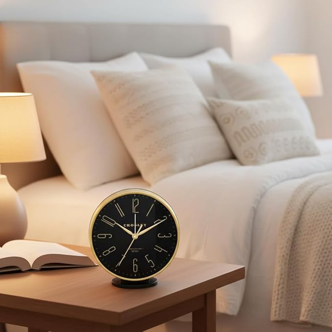 Timelink Crosley Modern Art Deco Alarm Clock for Office, Bedroom, or Desk – Analog Non-Ticking Clock with Easy-to-Read Dial, Gold Metal Frame & Black Face (6-Inch)