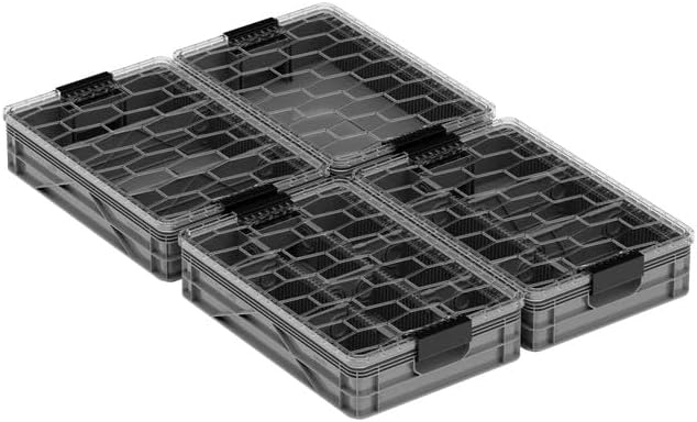 SIDIO Quarter Crate 4 Pack of Stackable Storage Bins - Organizer Bins with Dividers for Garage Organization, Home Storage - Heavy Duty Plastic Containers - 19.16” x 12.75”x 4.57” (Gray)