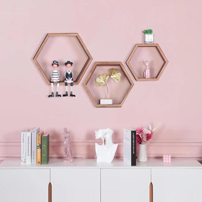 PHOENANCEE Hexagon Floating Shelves,Honeycomb Shelf,Wall Mounted Rustic Wood Octagon Hanging Storage Shelves Set of 3 for Living Room Bedroom Bathroom Office Hexagonal Decor(Carbonized Black)
