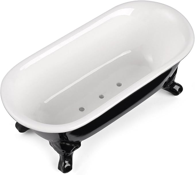 6.5" Ceramic Mini Decorative Clawfoot Bathtub Bar Soap Dish, Kitchen Sponge Holder and Shower Tray for Bathroom, 1 Pack(Black)