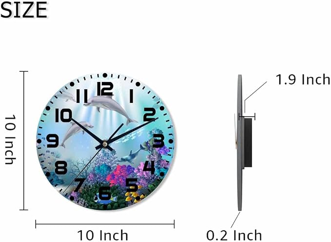 Underwater World Wall Clock 10 inch Round Silent Non Ticking Wood Wall Clocks Battery Operated Easy to Read Decorative Wall Clock for Bedroom Kitchen Living Room Bathroom