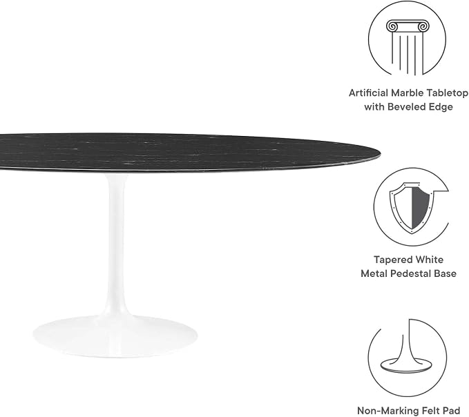 Modway Lippa Oval 78" Artificial Marble Mid-Century Modern Dining Table in White Black