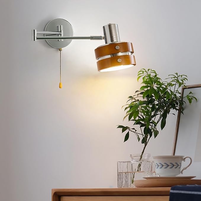 Industrial Retro Swing Arm Wall Lamp - Adjustable 1-Light Sconce with Pull On/Off Switch, Silver & Wood Finish, Perfect for Bedroom Reading Home Lighting Decor