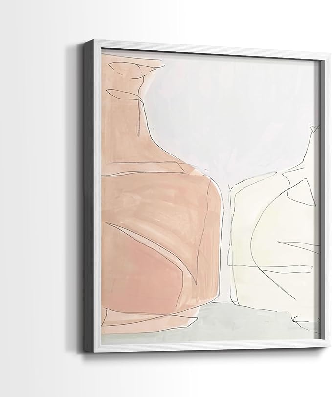 Renditions Gallery Set of 2 Peel & Stick Framed Prints, Neutral Abstract Wall Art, Soft Tones Delicate Linework Wall Decor, Re-Stickable - Ready to Hang - 22"x28" - White Frame LT588