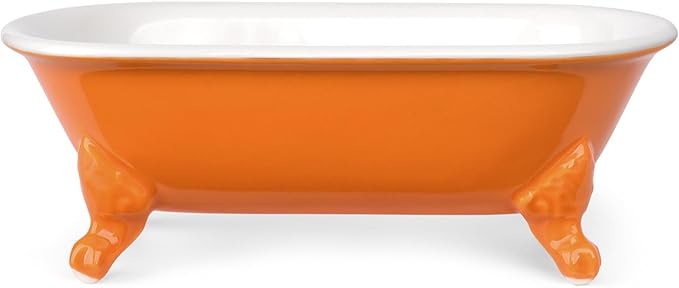 6.5" Ceramic Mini Decorative Clawfoot Bathtub Bar Soap Dish, Kitchen Sponge Holder and Shower Tray for Bathroom, 1 Pack(Tangerine)