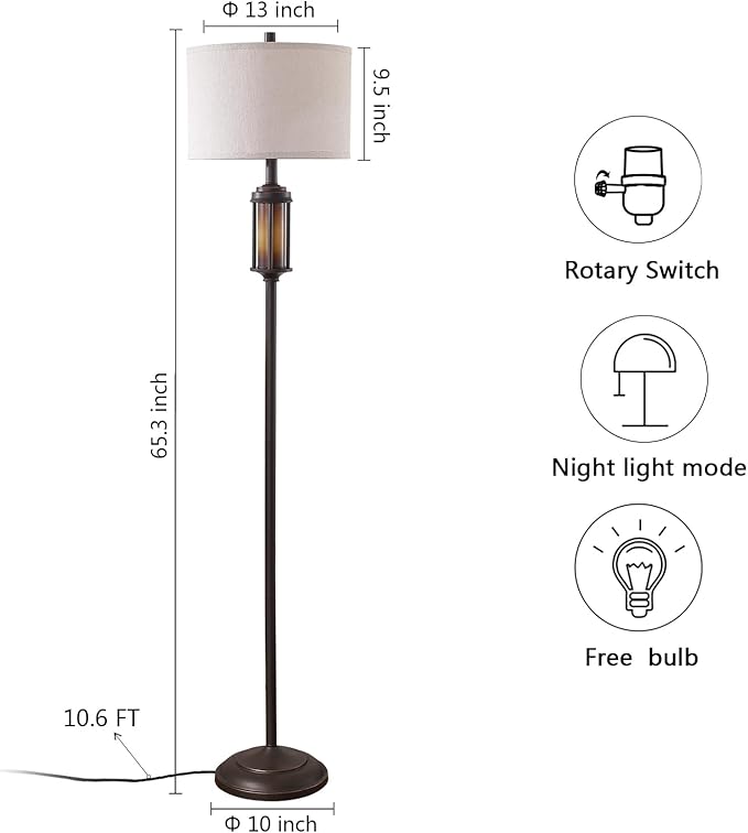 65'' Farmhouse Floor Lamp for Living Room Bedroom with 2 Light Sources, Rustic Vintage Tall Standing Lamp with Amber Nightlight for Home Office Corner, Bulbs Included