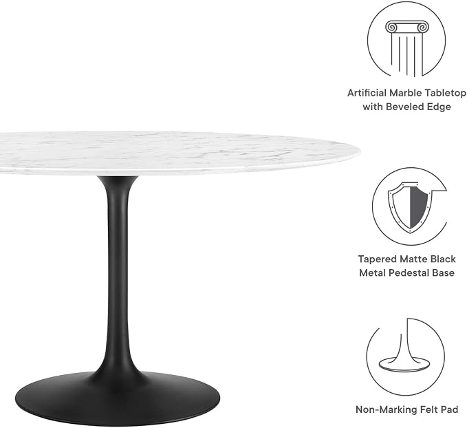 Modway Lippa 54" Round Artificial Marble Dining Table, Top, Black Base