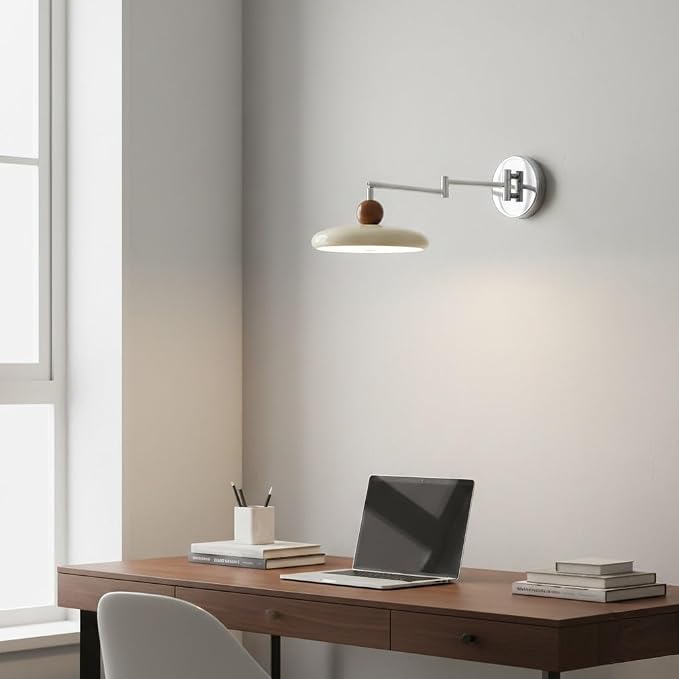 Mid-Century Modern Swing Arm Wall Sconce, Retro Space Age Adjustable Wall Lamp, Double Jointed Task Light for Bedroom Bedside, Reading Nook, Home Office, Study.(Beige)