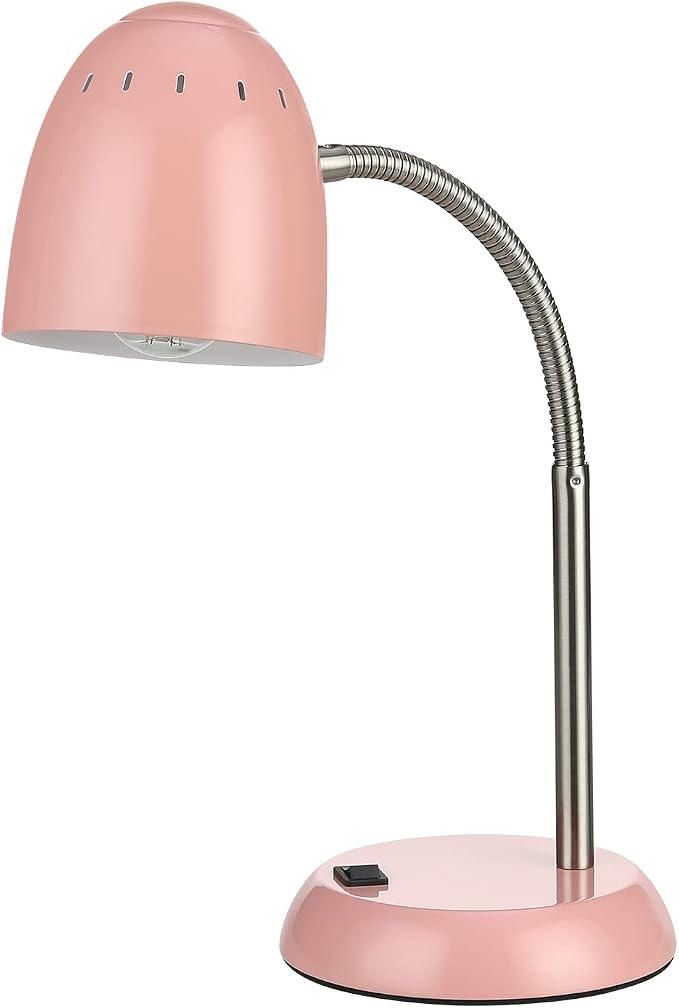 Eye-Caring Table Lamp of Simple Designs Home E26 Led Screw Basic Metal Desk Lamp with Flexible Gooseneck Hose Neck Study Lamp for Bedroom Office Living Room Convenient On/Off Switch(Pink)