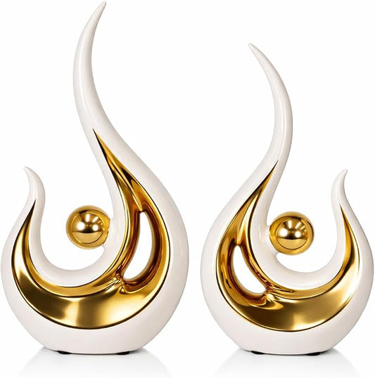 2Pcs Abstract Art Ceramic Statue, Modern White Gold Sculpture for Home Decor, Shelf Decorations Table Centerpiece for TV Stand, Console Table, Dining Room, Living Room, Office