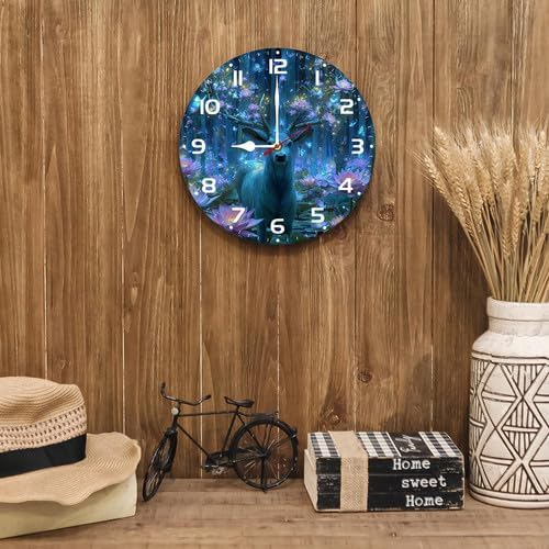 FemiaD Deer Wall Clock 10inch Silent Non-Ticking Battery Operated Quartz Round Wooden Wall Clock Decorative for Kitchen Bedroom Living Room Home Decor