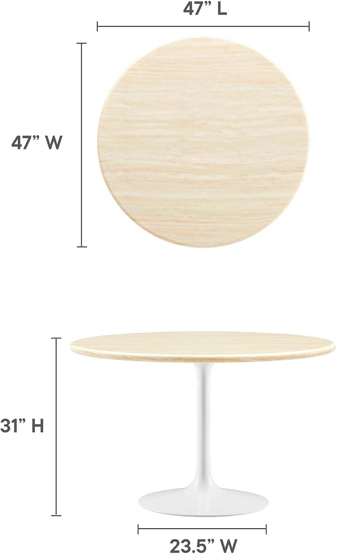 Modway Lippa 48" Round Artificial Dining Table with Tapered, Metal Base, White Travertine