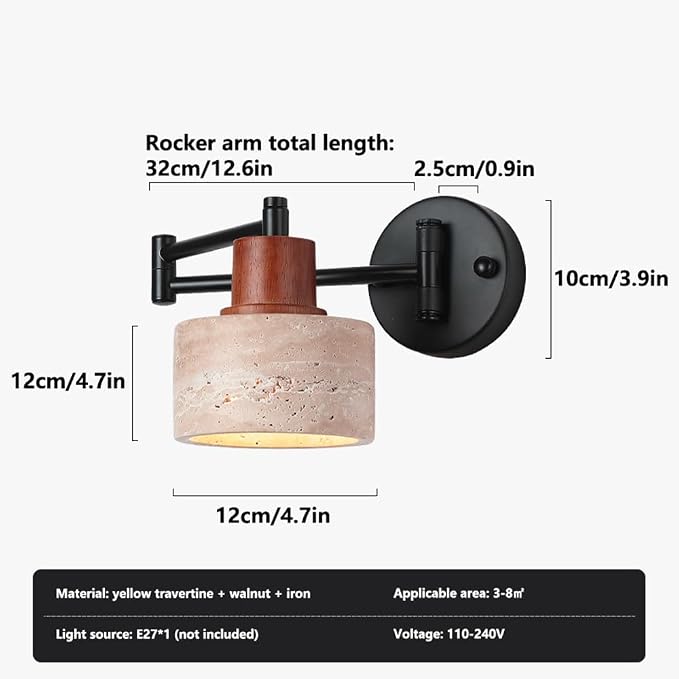 American Retro E27 Wall Sconce - Natural Yellow Travertine Swing Arm Lamp for Bedroom, Living Room, Study, and More