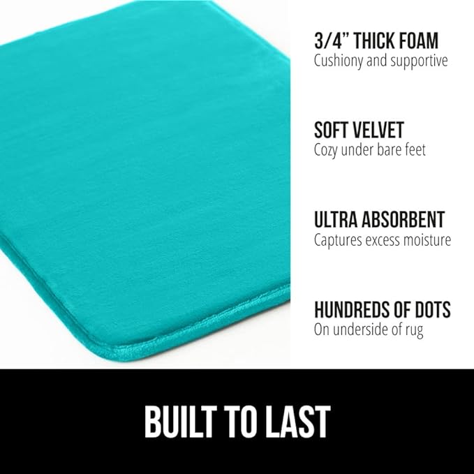 GORILLA GRIP Memory Foam Bath Rugs, Soft Absorbent Velvet Bathroom Mats, Durable Dots on Underside, Machine Washable Bathmat, Carpet Rug Room Decor for Shower Floor, 36x24 Mat, Turquoise