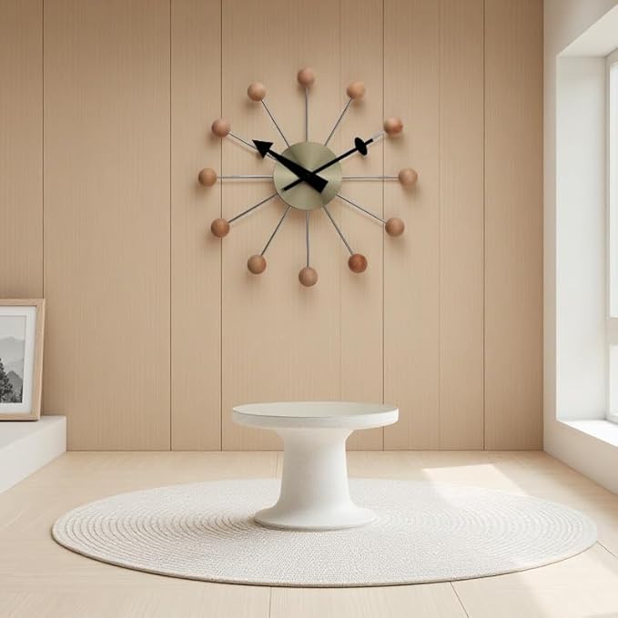 NUOVO 13 Inch Wood Ball Wall ClockMulticolor Mid Century Creative Silent Quartz Personality Funny Decorative Home Living Room Kitchen Office Retro Design Clock