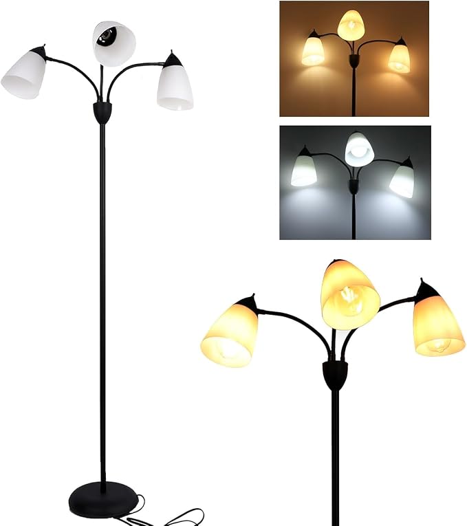 FIRVRE Modern Reading Floor Lamp, 3-Light Floor Lamp Black with Reading Lamp, Adjustable Flexible Tree Standing Lamp for Bedroom Study Room Office, Modern Multi Head Reading Floor Lights, E26 Base
