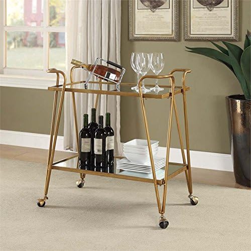 Riverbay Furniture Mid-Century Bar Cart, Mirrored Top and Shelf, Gold Finish, Iron Frame, 30" W x 17.38" D x 31.75" H, Mobile Design with Castors, Stylish Home Storage