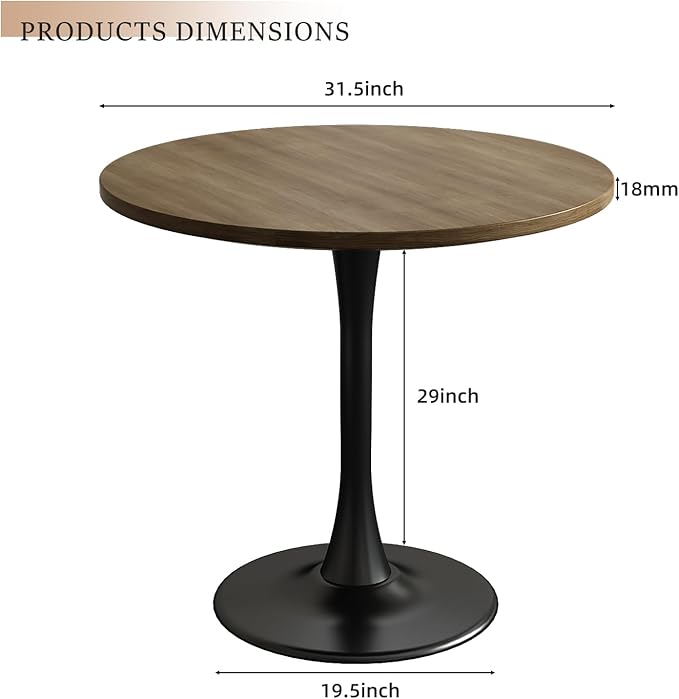 Round Dining Table 31.5" Circle Tulip Table with Wood Thickened Tabletop & Sturdy Metal Pedestal Mid Century Modern Farmhouse Kitchen Tables for 4 Small Places Living Room Cafe,Somber Walnut
