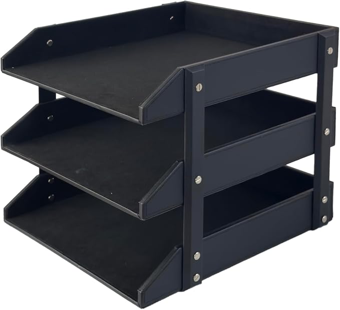 UnionBasic 3-Layer Document Paper Letter Tray, Faux Leather Desktop File Sorter Organizer Tray, Black