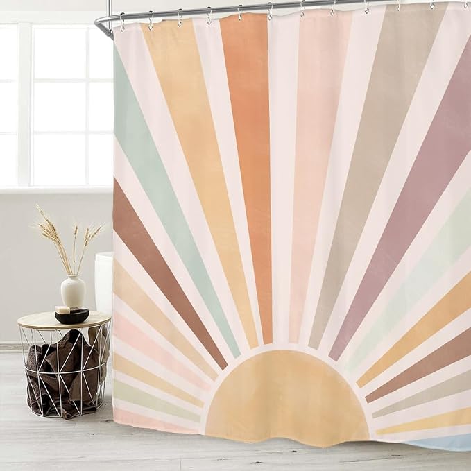 Miyotaa Sun Rainbow Retro Shower Curtain Set 71Wx71H Inches Minimalist Art Colorful Pastel Girls Abstract Colorful Aesthetic Vintage Polyester Waterproof Bathroom Curtain with 12 Hooks
